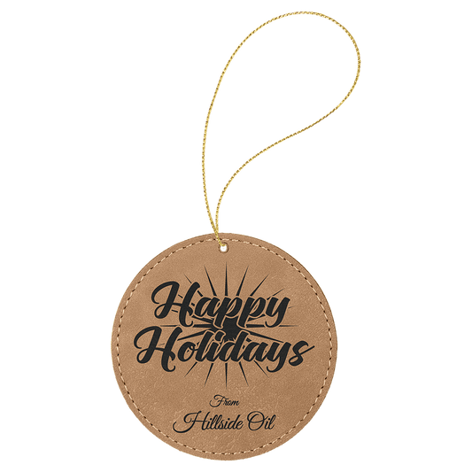 Light Brown Laserable Leatherette Round Ornament with Gold String (Sold by Case of 25)