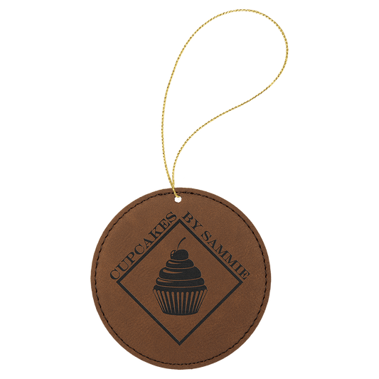 Dark Brown Laserable Leatherette Round Ornament with Gold String (Sold by Case of 25)