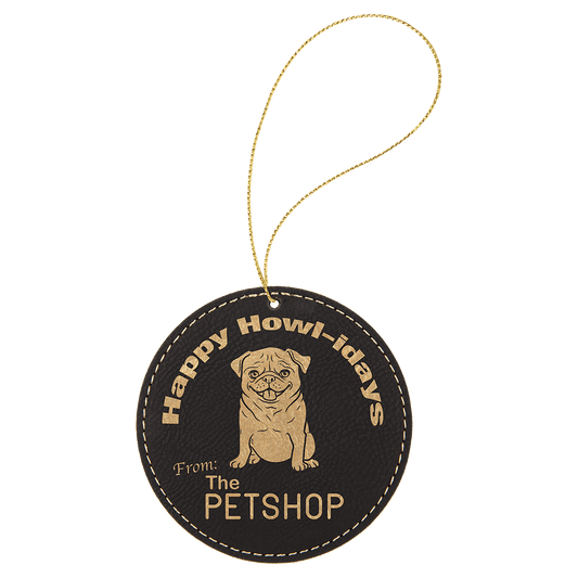 Black/Gold Laserable Leatherette Round Ornament with Gold String (Sold by Case of 25)