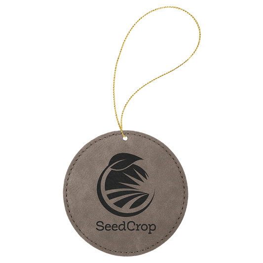 Gray Laserable Leatherette Round Ornament with Gold String (Sold by Case of 25)