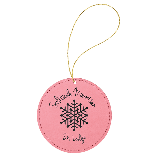 Pink Laserable Leatherette Round Ornament with Gold String (Sold by Case of 25)