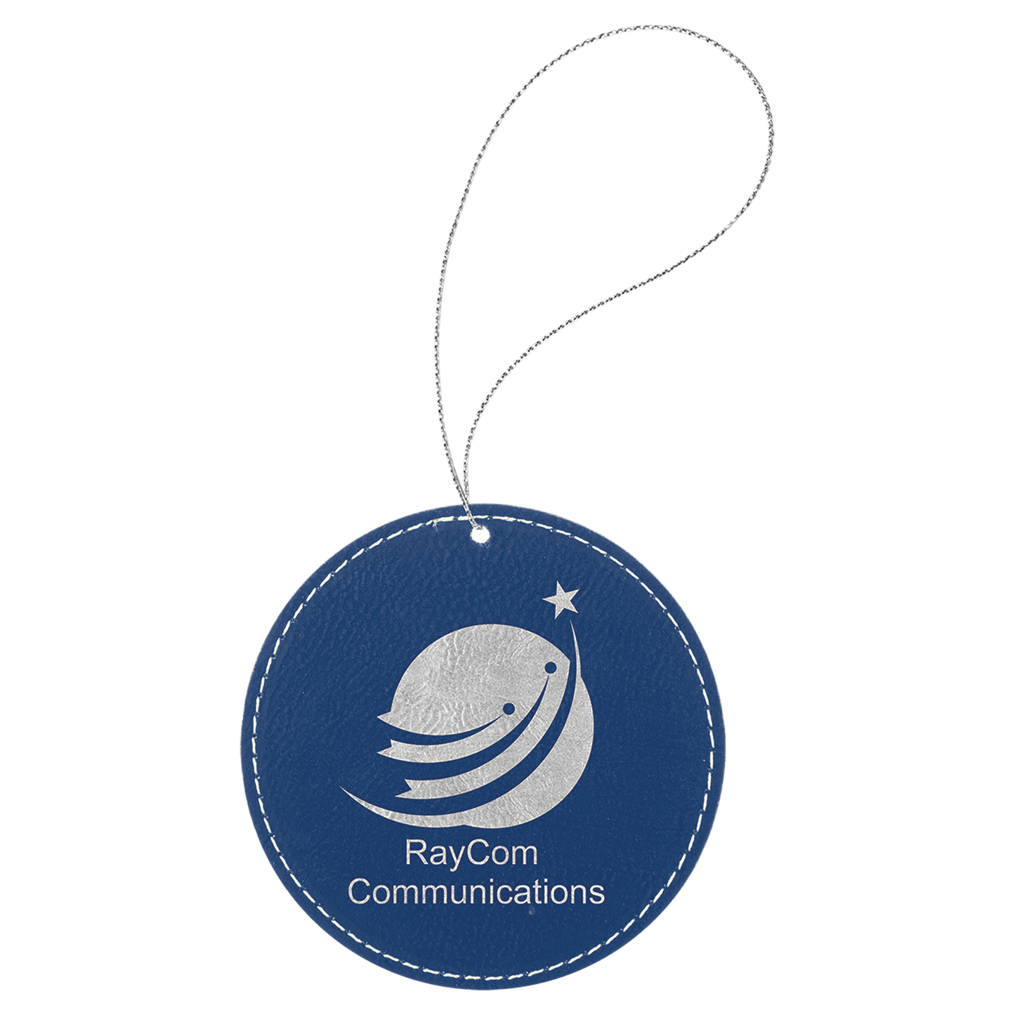 Blue/Silver Laserable Leatherette Round Ornament with Silver String (Sold by Case of 25)