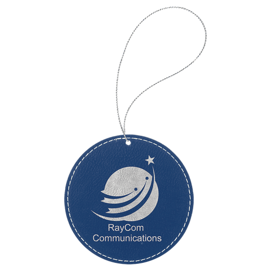 Blue/Silver Laserable Leatherette Round Ornament with Silver String (Sold by Case of 25)