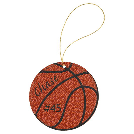 Basketball Laserable Leatherette Round Ornament with Gold String (Sold by Case of 25)