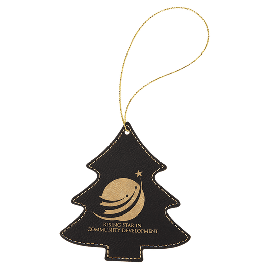 Black/Gold Laserable Leatherette Tree Ornament with Gold String (Sold by Case of 25)