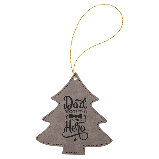 Gray Laserable Leatherette Tree Ornament with Gold String (Sold by Case of 25)