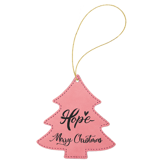 Pink Laserable Leatherette Tree Ornament with Gold String (Sold by Case of 25)
