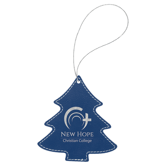 Blue/Silver Laserable Leatherette Tree Ornament with Silver String (Sold by Case of 25)