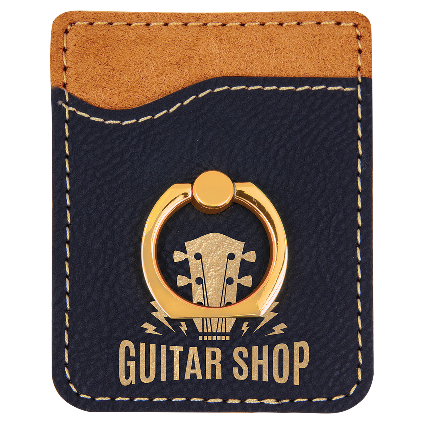 Black/Gold Laserable Leatherette Phone Wallet with Gold Ring (Sold by Case of 25)