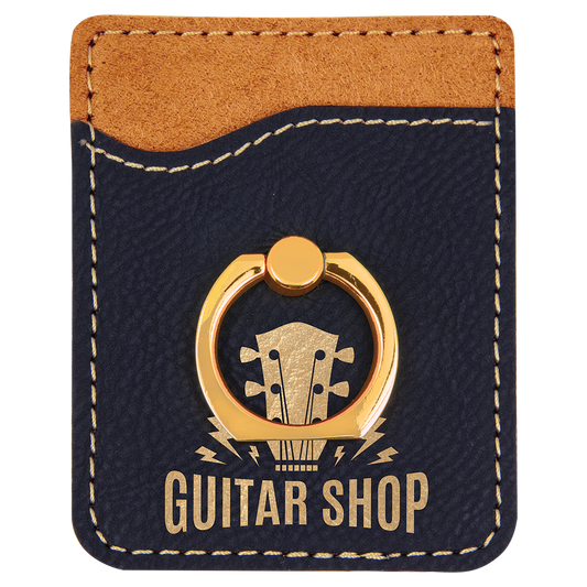Black/Gold Laserable Leatherette Phone Wallet with Gold Ring (Sold by Case of 25)