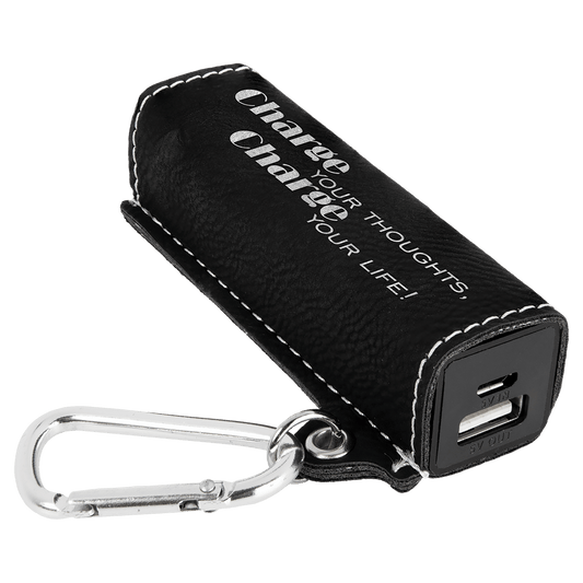 Black/Silver Laserable Leatherette 2200 mAh Power Bank with USB Cord (Sold by Case of 6)