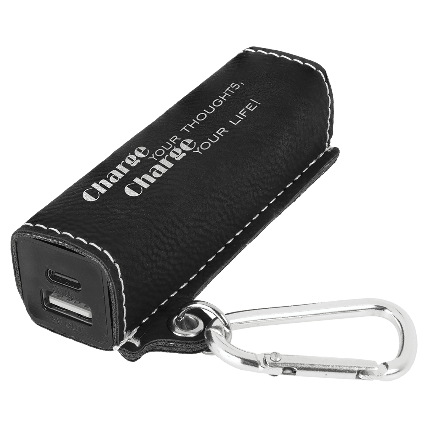 Black/Silver Laserable Leatherette 2200 mAh Power Bank with USB-C Cord (Sold by Case of 6)