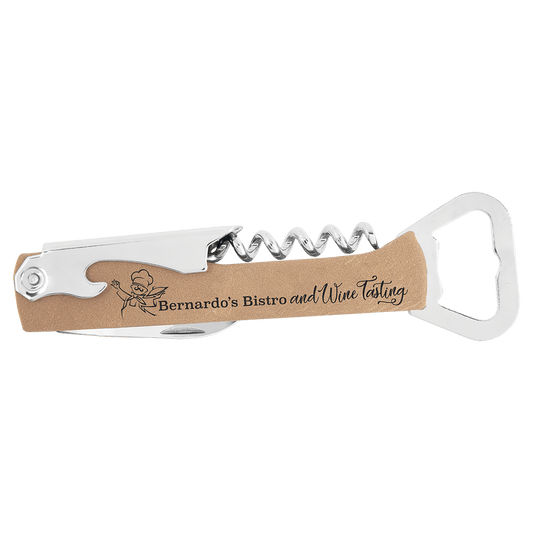Light Brown Laserable Leatherette Wine Bottle Opener (Sold by Case of 12)