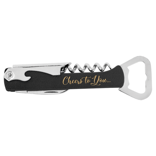 Black/Gold Laserable Leatherette Wine Bottle Opener (Sold by Case of 12)