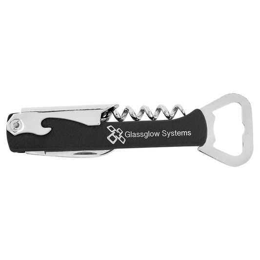 Black/Silver Laserable Leatherette Wine Bottle Opener (Sold by Case of 12)