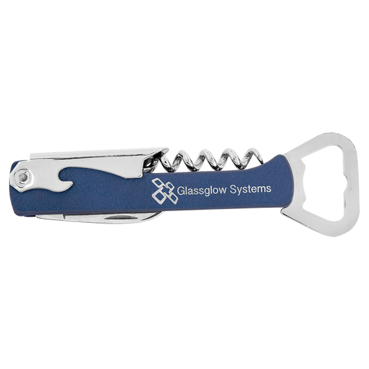 Blue/Silver Laserable Leatherette Wine Bottle Opener (Sold by Case of 12)
