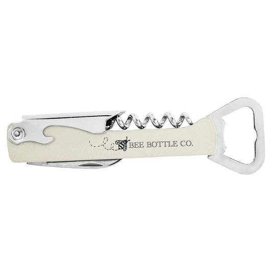 White Laserable Leatherette Wine Bottle Opener (Sold by Case of 12)