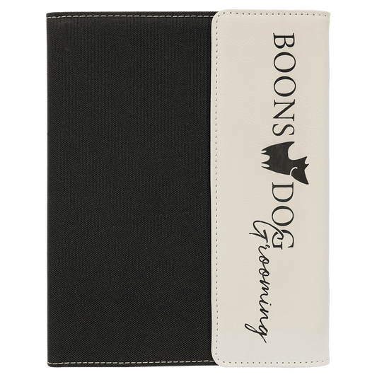 7" x 9" White Laserable Leatherette / Black Canvas Portfolio with Notepad (Sold by Case of 4)