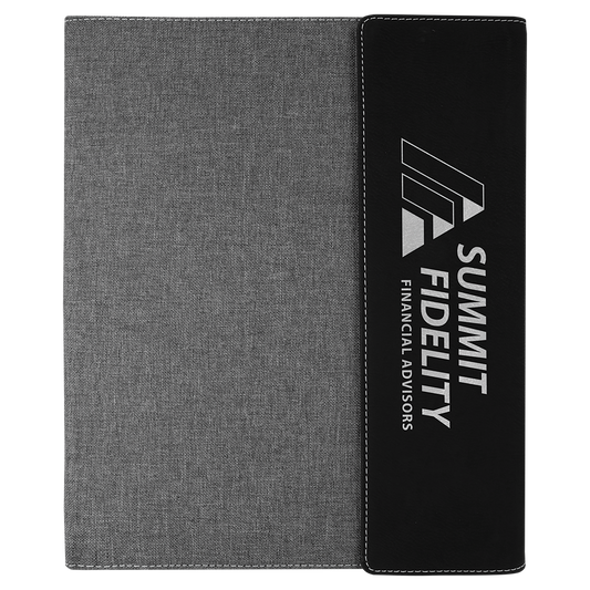 9 1/2"x12" Black/Silver Laserable Leatherette / Gray Canvas Portfolio w/Notepad (Sold by Case of 4)