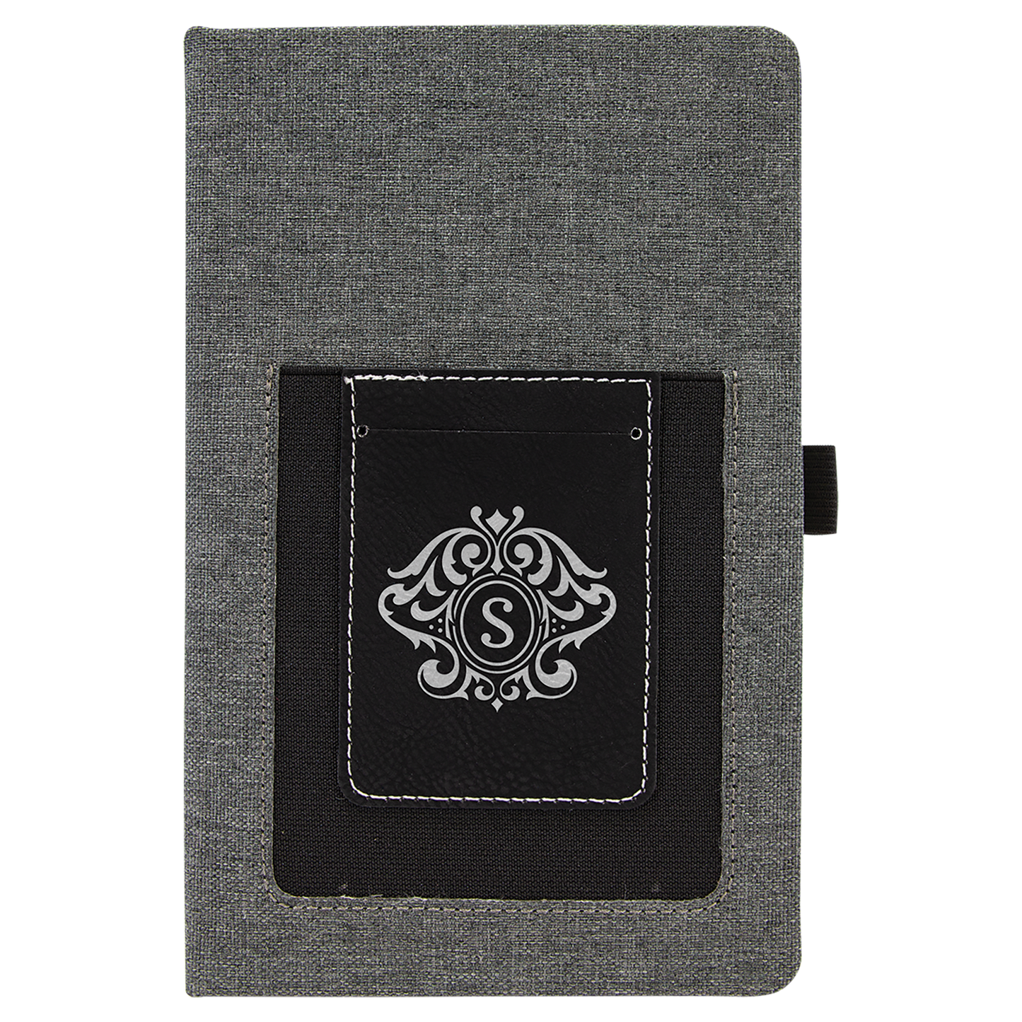 5 1/4" x 8 1/4" Gray w/Black Laserable Leatherette Journal with Cell/Card Slot (Sold by Case of 4)