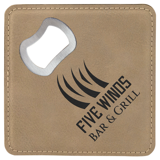 4" x 4" Square Light Brown Laserable Leatherette Bottle Opener Coaster (Sold by Case of 6)