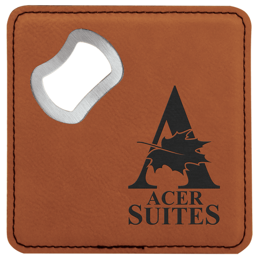 4" x 4" Square Rawhide Laserable Leatherette Bottle Opener Coaster (Sold by Case of 6)