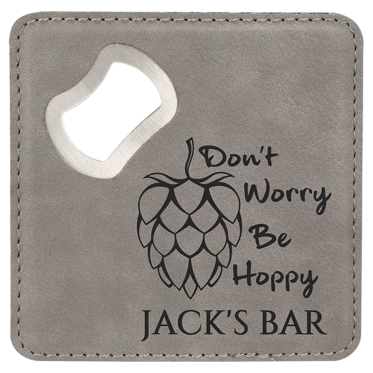 4" x 4" Square Gray Laserable Leatherette Bottle Opener Coaster (Sold by Case of 6)