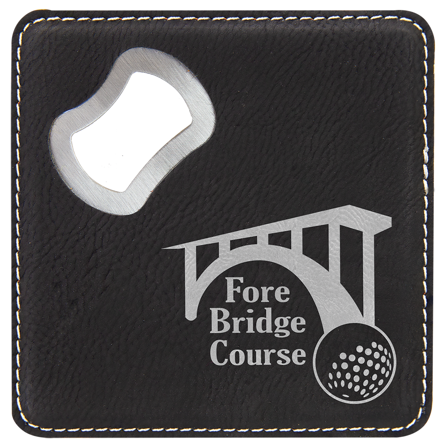 4" x 4" Square Black/Silver Laserable Leatherette Coaster with Bottle Opener (Sold by Case of 6)