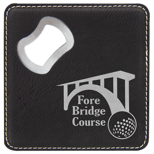 4" x 4" Square Black/Silver Laserable Leatherette Coaster with Bottle Opener (Sold by Case of 6)