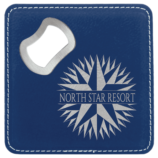 4" x 4" Square Blue/Silver Laserable Leatherette Coaster with Bottle Opener (Sold by Case of 6)