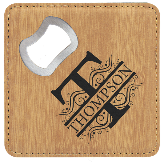 4" x 4" Square Bamboo Laserable Leatherette Coaster with Bottle Opener (Sold by Case of 6)