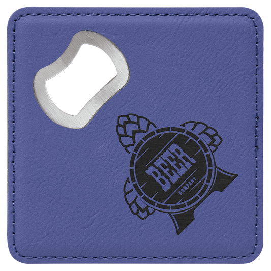 4" x 4" Square Purple Laserable Leatherette Bottle Opener Coaster (Sold by Case of 6)