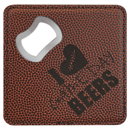 4" x 4" Square Football Laserable Leatherette Bottle Opener Coaster (Sold by Case of 6)