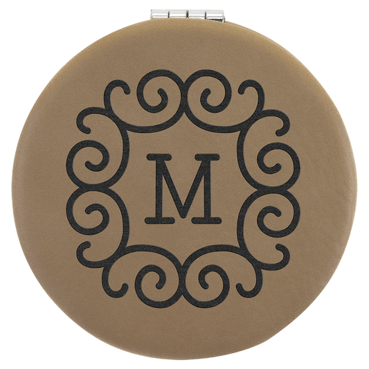 2 1/2" Light Brown Laserable Leatherette Compact Mirror (Sold by Case of 10)