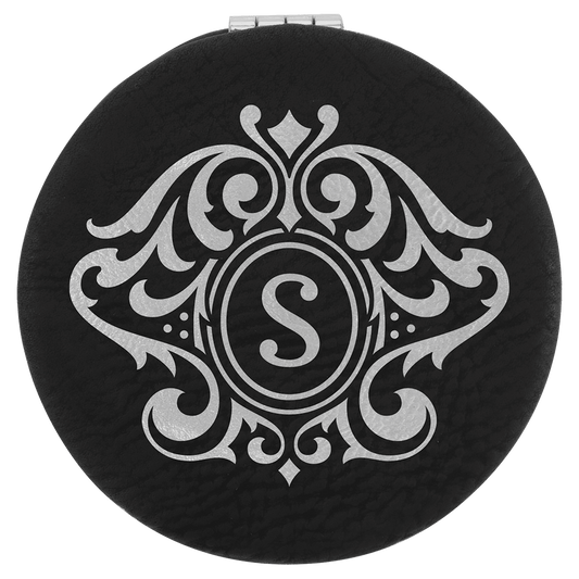 2 1/2" Black/Silver Laserable Leatherette Compact Mirror (Sold by Case of 10)