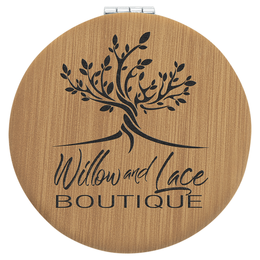 2 1/2" Bamboo Laserable Leatherette Compact Mirror (Sold by Case of 10)