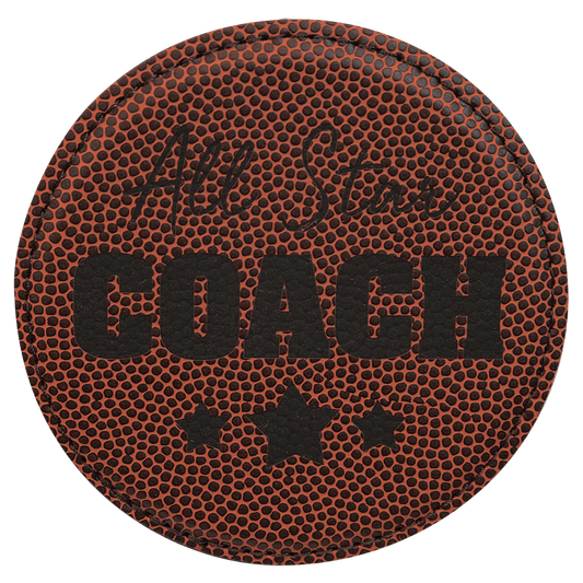 4" Round Football Laserable Leatherette Coaster (Sold by Case of 6)