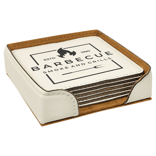 4" x 4" White Square Laserable Leatherette 6-Coaster Set (Sold by Case of 4)