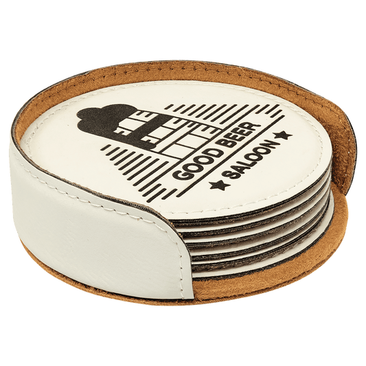 4" White Round Laserable Leatherette 6-Coaster Set (Sold by Case of 4)
