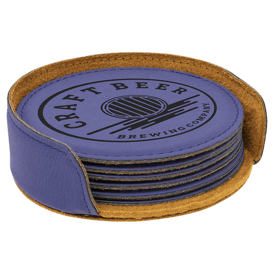 4" Purple Round Laserable Leatherette 6-Coaster Set (Sold by Case of 4)