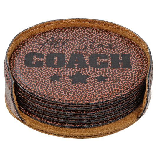 4" Football Round Laserable Leatherette 6-Coaster Set (Sold by Case of 4)