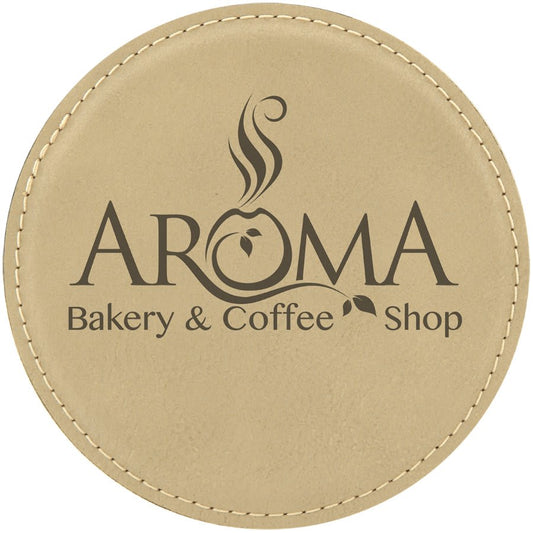 4" Round Light Brown Laserable Leatherette Coaster (Sold by Case of 6)