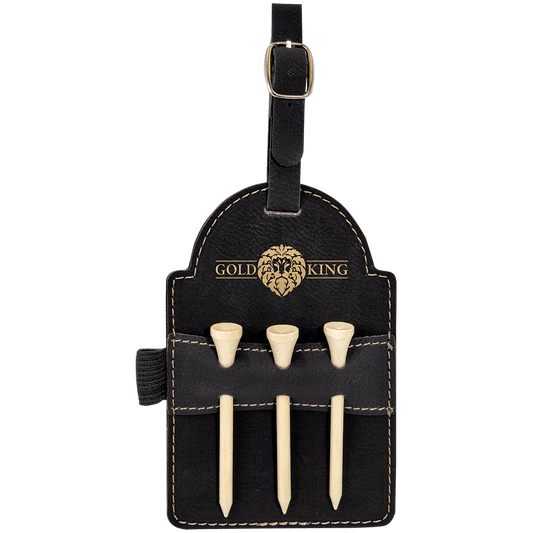5" x 3 1/4" Black/Gold  Laserable Leatherette Golf Bag Tag with 3 Wooden Tees (Sold by Case of 10)