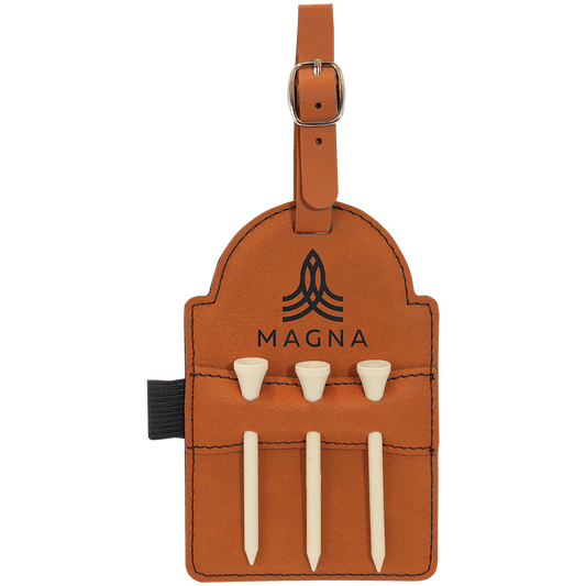 5" x 3 1/4" Rawhide Laserable Leatherette Golf Bag Tag with 3 Wooden Tees (Sold by Case of 10)