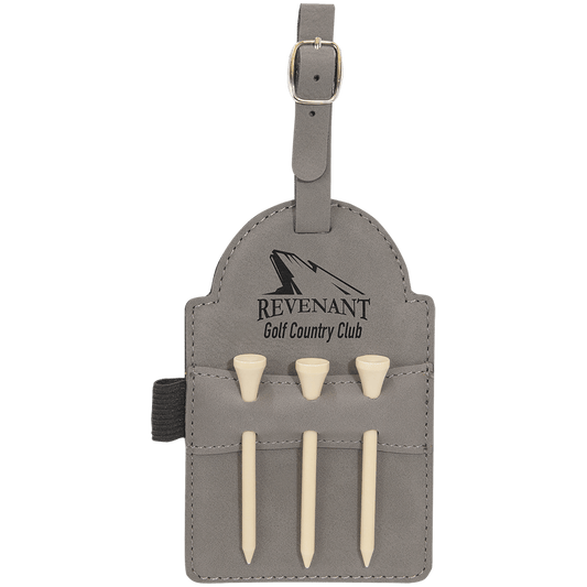 5" x 3 1/4" Gray Laserable Leatherette Golf Bag Tag with 3 Wooden Tees (Sold by Case of 10)