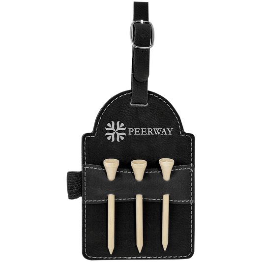 5" x 3 1/4" Black/Silver Laserable Leatherette Golf Bag Tag with 3 Wooden Tees (Sold by Case of 10)