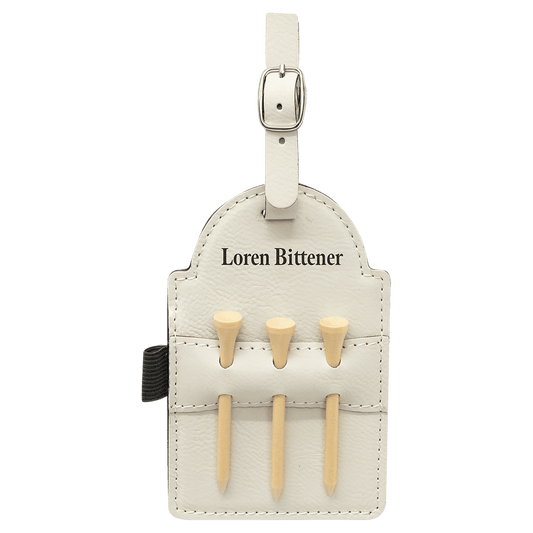 5" x 3 1/4" White Laserable Leatherette Golf Bag Tag with 3 Wooden Tees (Sold by Case of 10)