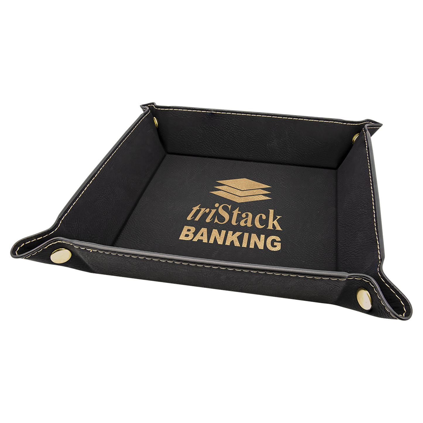 6" x 6" Black/Gold Laserable Leatherette Snap Up Tray with Gold Snaps (Sold by Case of 6)