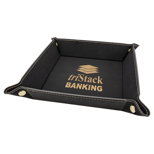 6" x 6" Black/Gold Laserable Leatherette Snap Up Tray with Gold Snaps (Sold by Case of 6)