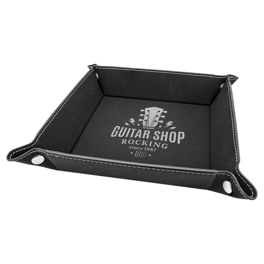 6" x 6" Black/Silver Laserable Leatherette Snap Up Tray with Silver Snaps (Sold by Case of 6)
